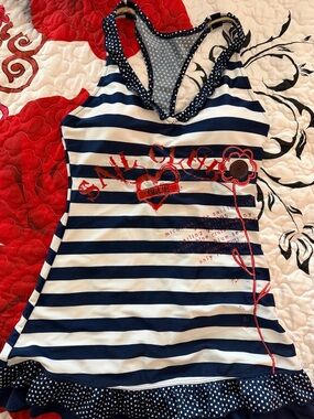 Navy & White Striped Sail Club Tankini Top with Red Accents